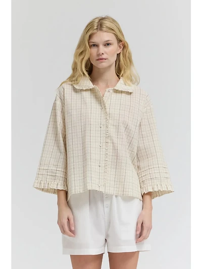 Beige Plaid Ruffle Top