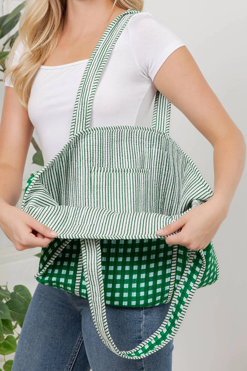 Green Checker Quilted Tote Bag
