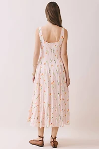 Pink Floral Square Neck Midi Dress