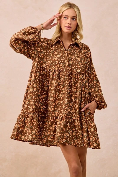Brown Floral Print Corduroy Dress