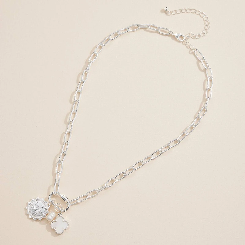 Chain Necklace with Butterfly, Pearl, & Clover Charms