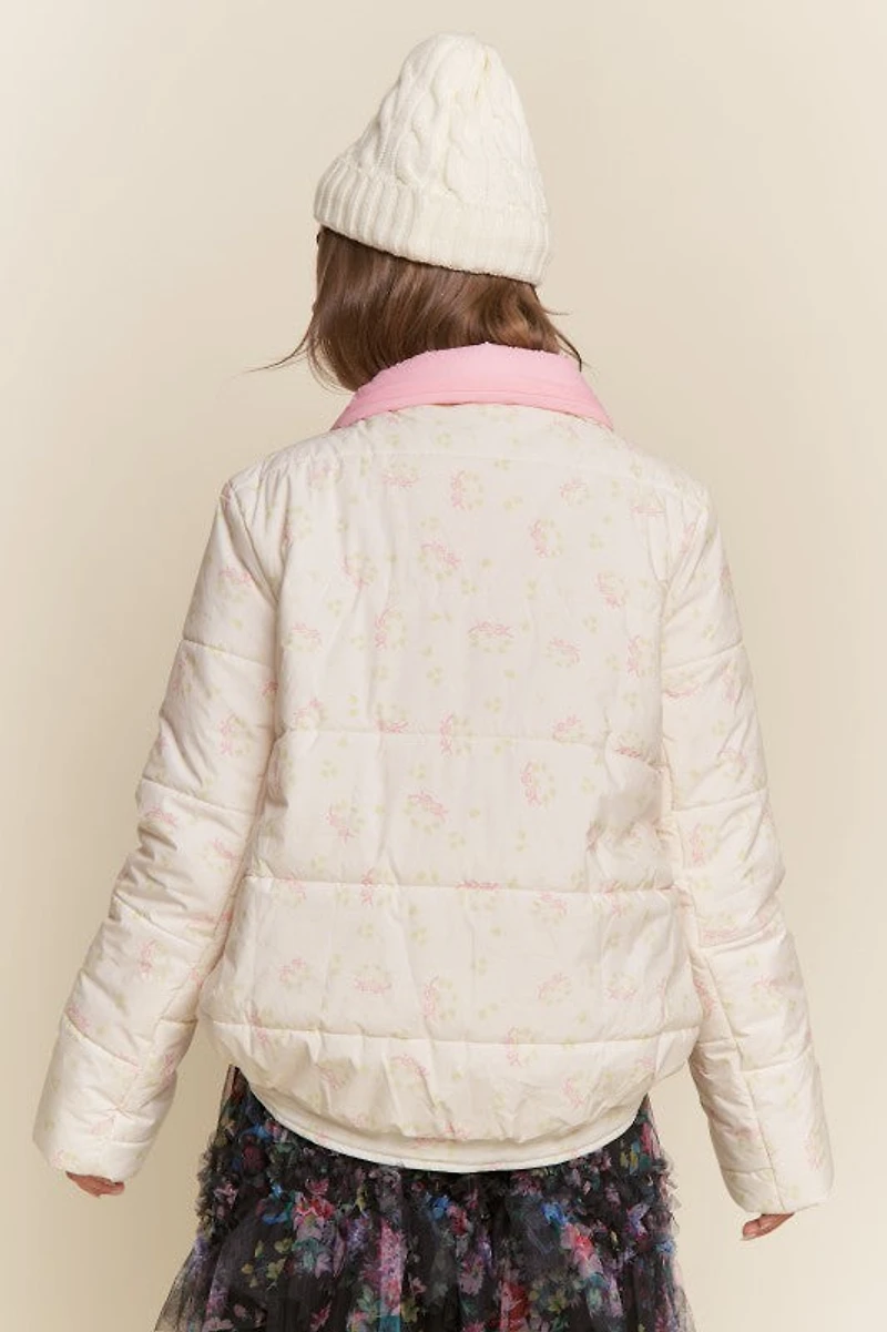 Cream Floral Bow Puffer Jacket
