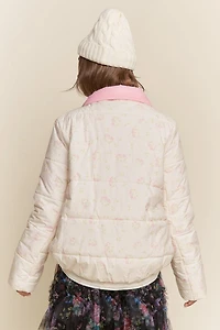 Cream Floral Bow Puffer Jacket