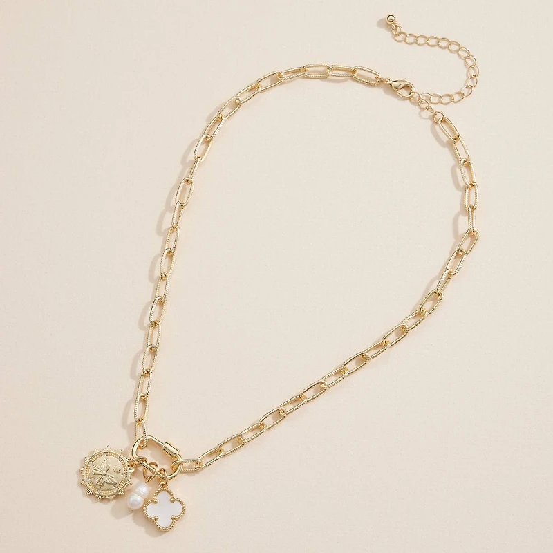 Chain Necklace with Butterfly, Pearl, & Clover Charms