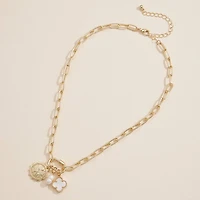 Chain Necklace with Butterfly, Pearl, & Clover Charms