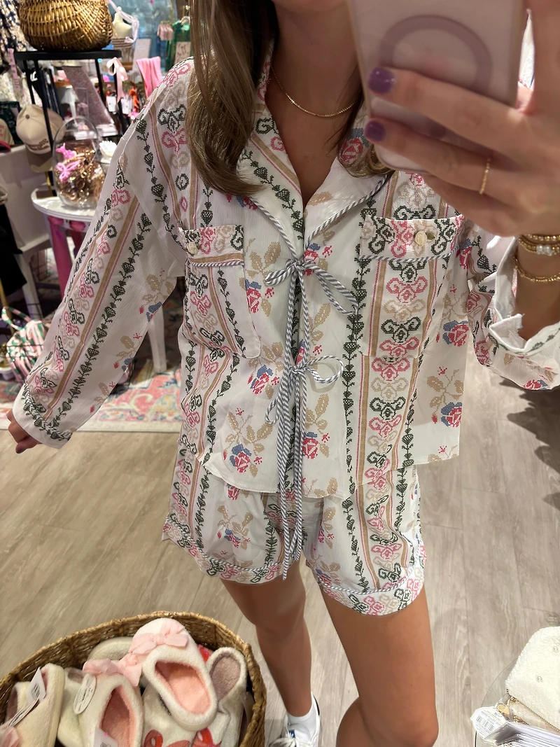 Floral Ribbon Front Lace Up Pajama Short Set
