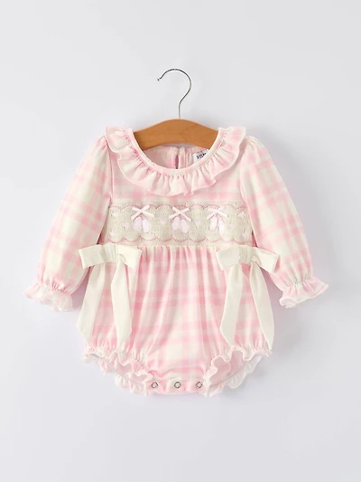 Pink Gingham  Romper with Ballet Shoe Embroidery