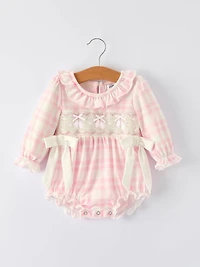 Pink Gingham  Romper with Ballet Shoe Embroidery