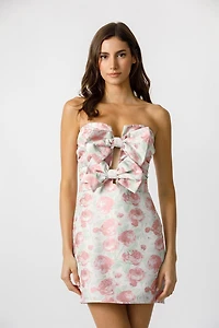 Strapless Pink Floral Bow Dress