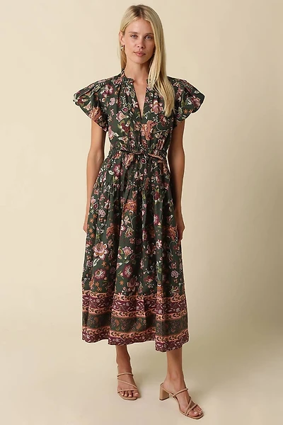Green Bubble Sleeve Floral Midi Dress
