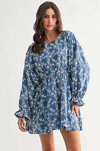 Blue Embroidered Long Sleeve Mini Dress