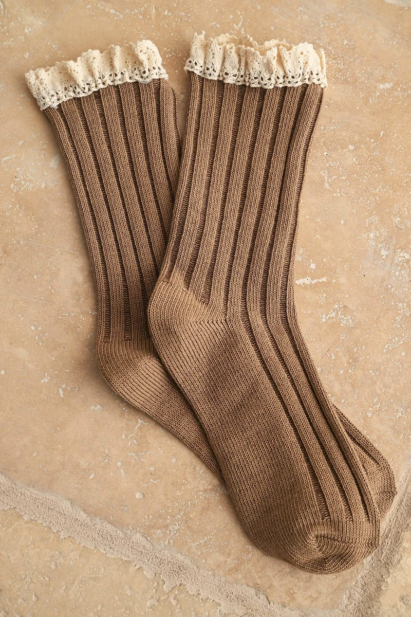 Mocha Crochet Trim Socks