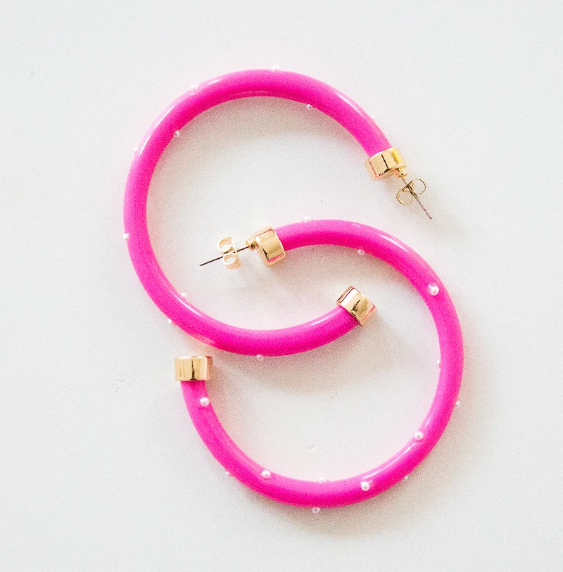 Hot Pink with Pearls Large Hoop Earrings