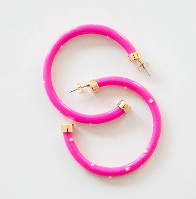 Hot Pink with Pearls Large Hoop Earrings