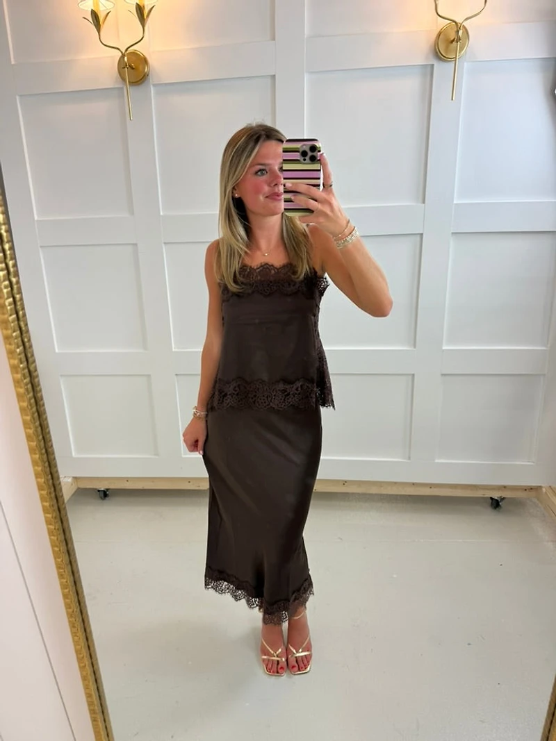 Brown Satin Midi Skirt Set