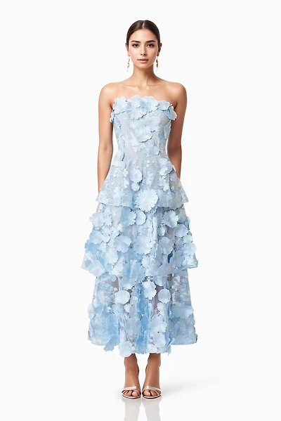 Blue 3D Flower Strapless Dress