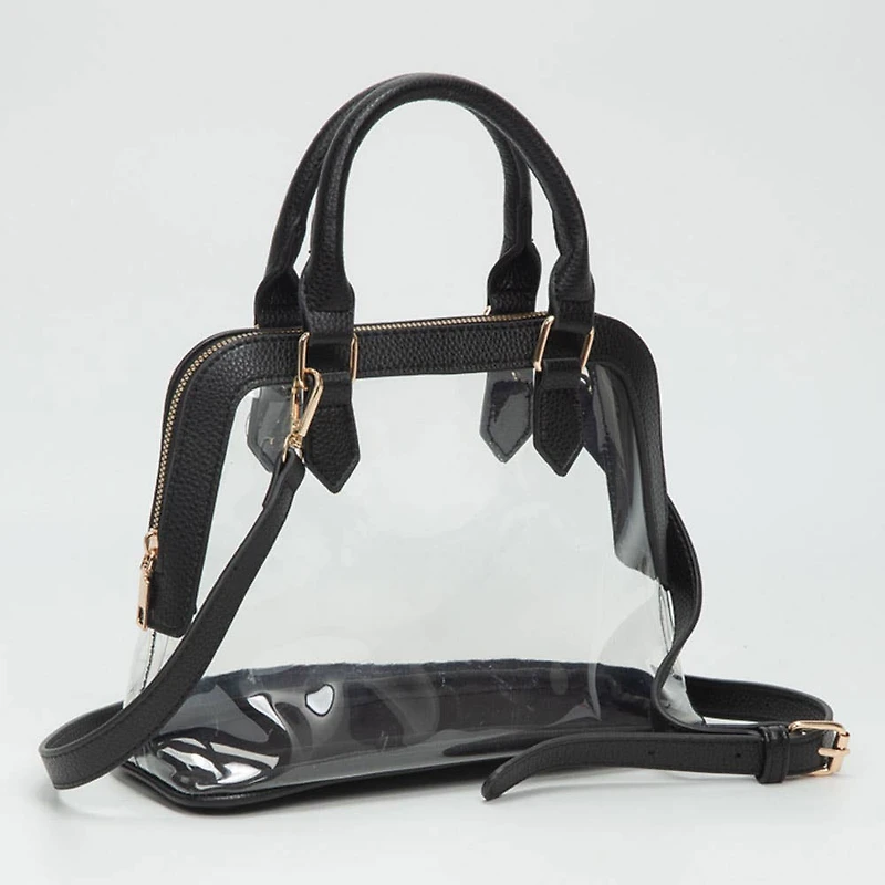 Faux Leather Trim Transparent Structured Top Handle Handbag / Crossbody Bag: Clear, Black