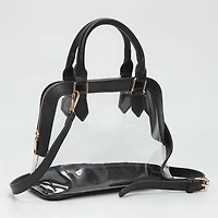 Faux Leather Trim Transparent Structured Top Handle Handbag / Crossbody Bag: Clear, Black