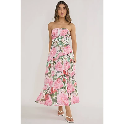 Pink Floral Strapless Maxi