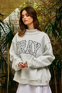 Gray Pray Embroidered Mock Neck
