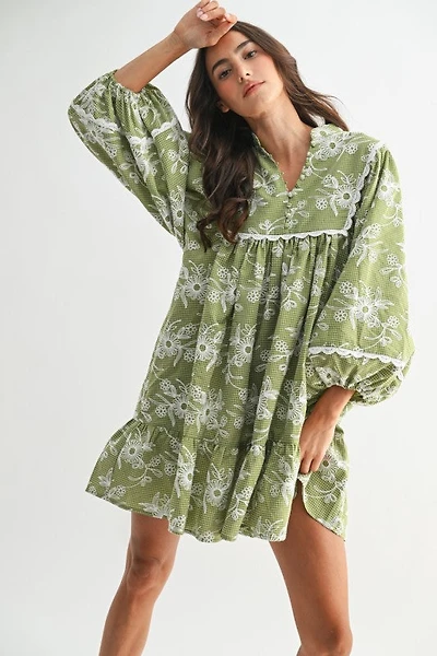 Embroidered Floral Ballon Sleeve Dress
