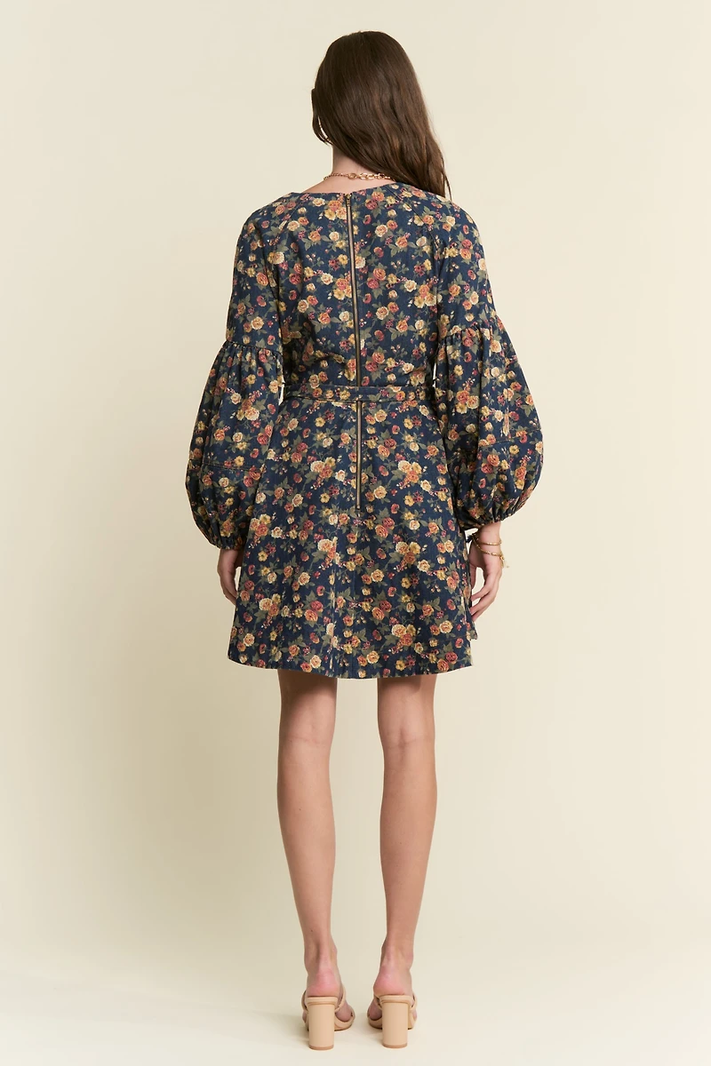 Floral Print Balloon Sleeve Dark Denim Dress