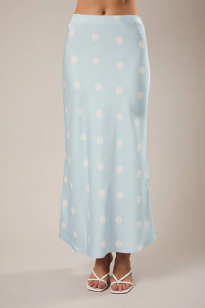 Light Blue Polka Dot Satin Midi Skirt