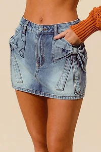 Bow Knot Pocket Denim Mini Skirt