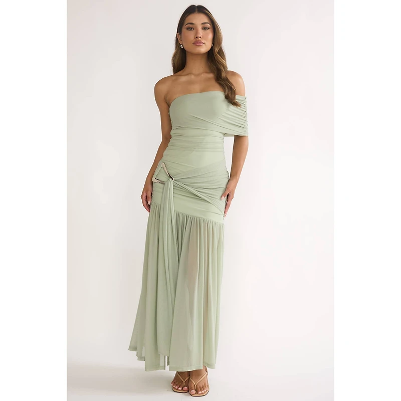 Green Asymmetrical Off Shoulder Dress