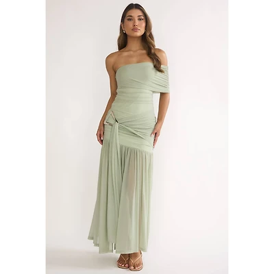 Green Asymmetrical Off Shoulder Dress