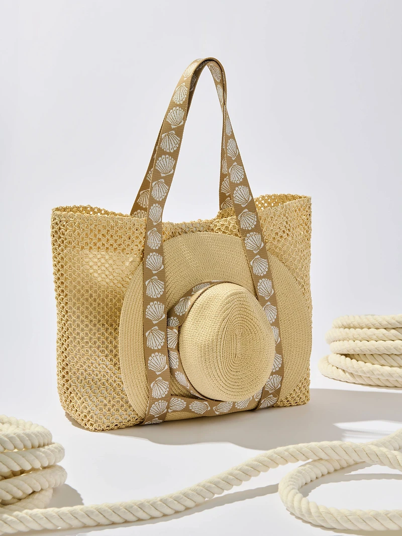 Tan Shell Beach Bag & Hat Set