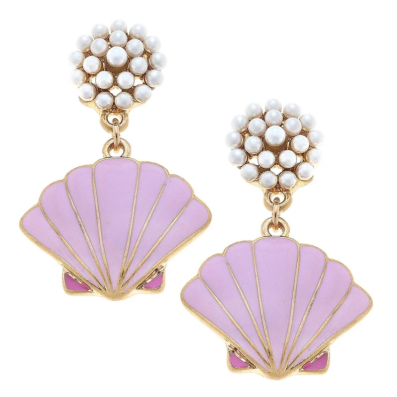CANVAS Style x @thelovelyflamingo Enamel Scallop Shell Pearl Cluster Drop Earring in Pink
