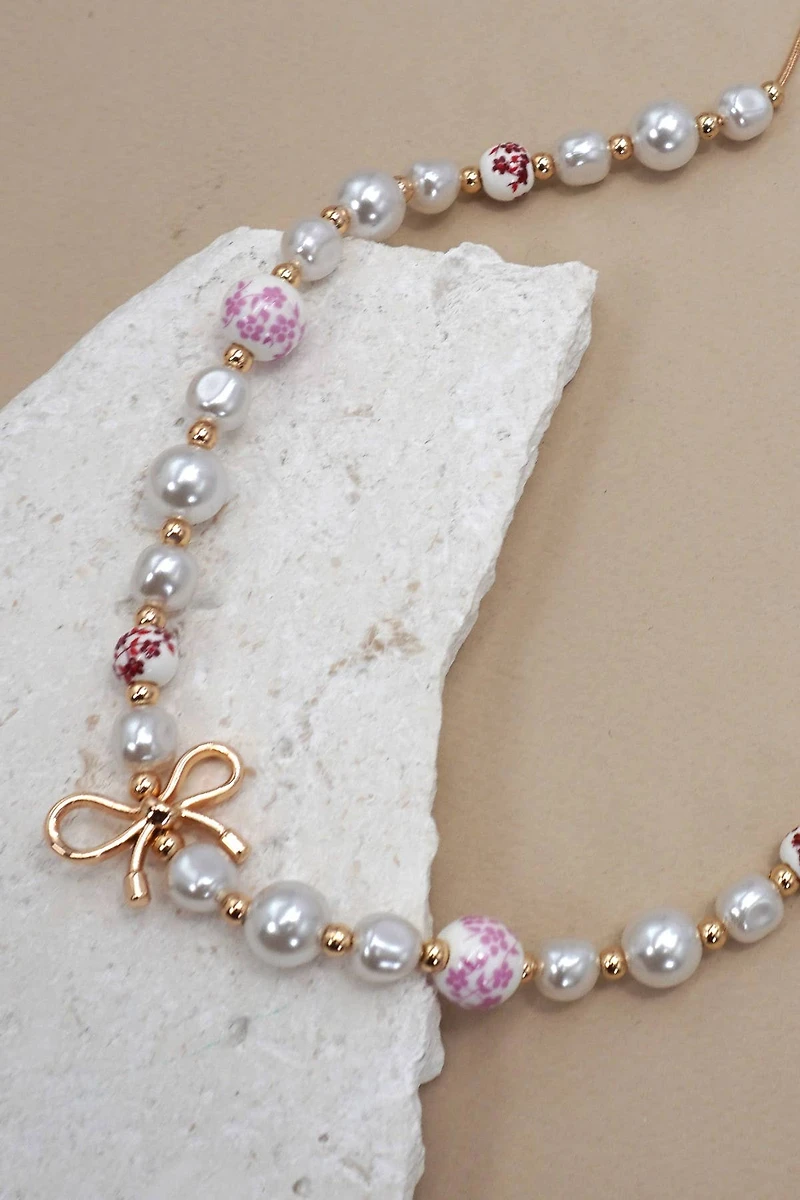 PINK CERAMIC PORCELAIN PEARL BOW NECKLACE