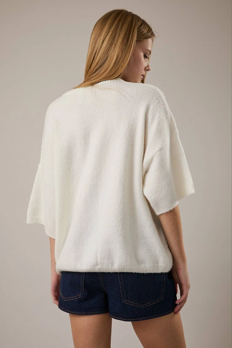 White Short Sleeve Sweater Cardigan