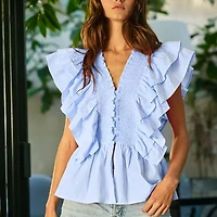 Blue Ruffle Smocked Peplum Blouse