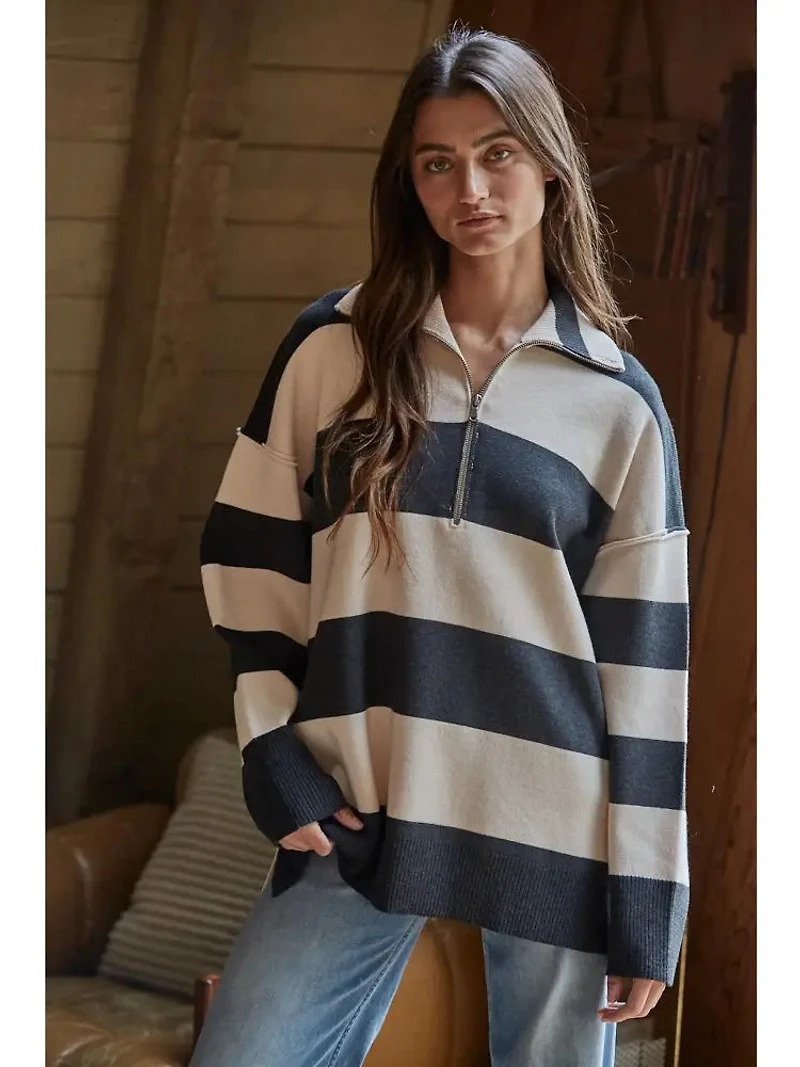 Navy & Cream Striped Half Zip