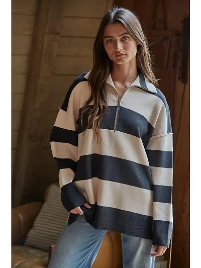 Navy & Cream Striped Half Zip