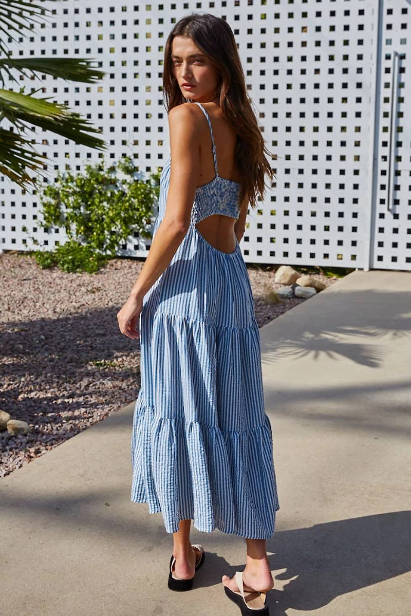 Blue & White Linen Striped Maxi