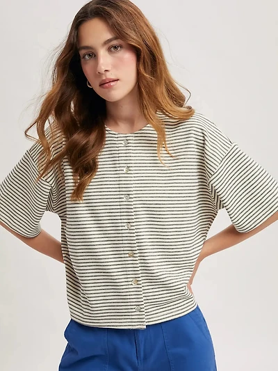 Ivory Boxy Striped Button Knit Top