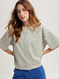 Ivory Boxy Striped Button Knit Top