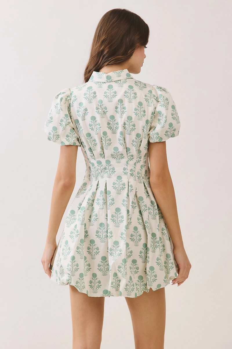 Green Floral Bubble Mini Dress