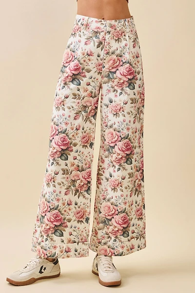 Rose Print Wide Leg High Waist Pants