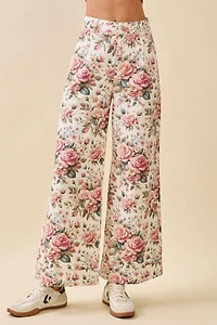 Rose Print Wide Leg High Waist Pants