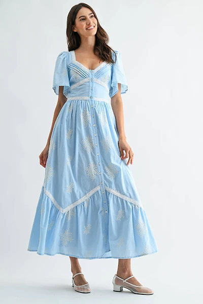 Blue Embroidered Midi Dress