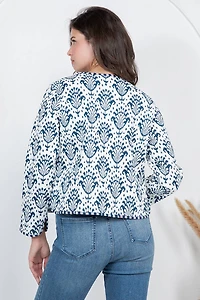 Blue & White Floral Print Quilted Jacket