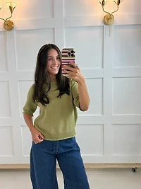 Green Edge Half Sleeve Knit Sweater