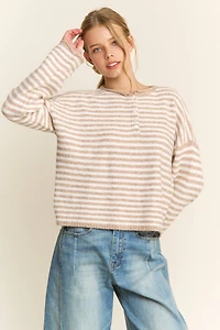 Oatmeal Striped Henley Knit Sweater