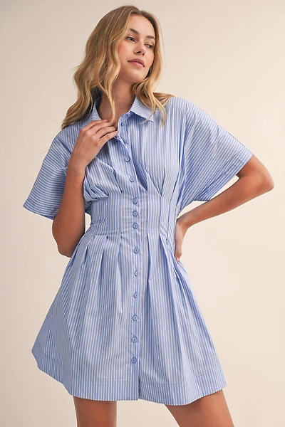 Blue Striped Pleated Dress