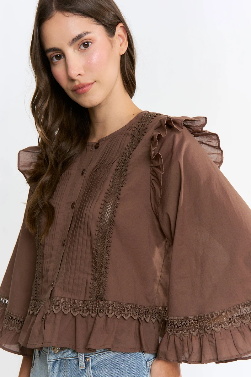 Brown Ruffle Lace Blouse
