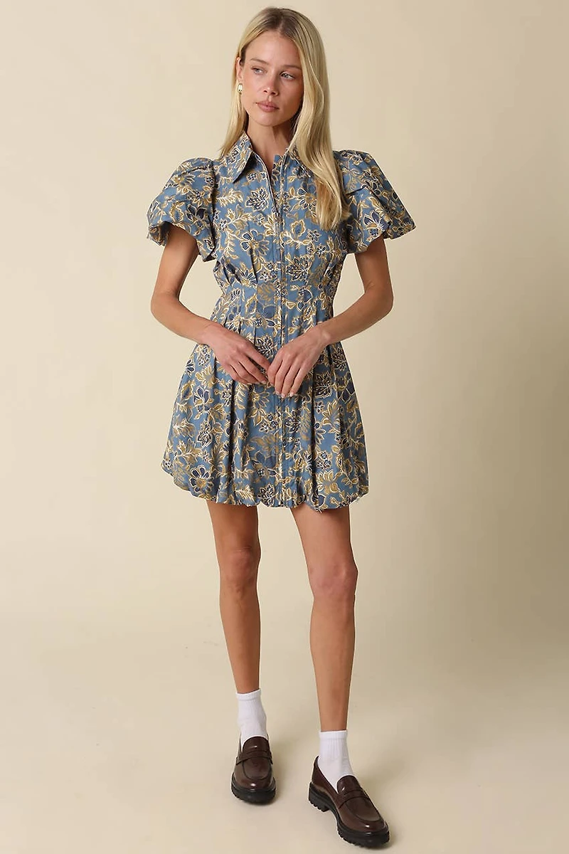 Blue & Gold Floral Mini Dress
